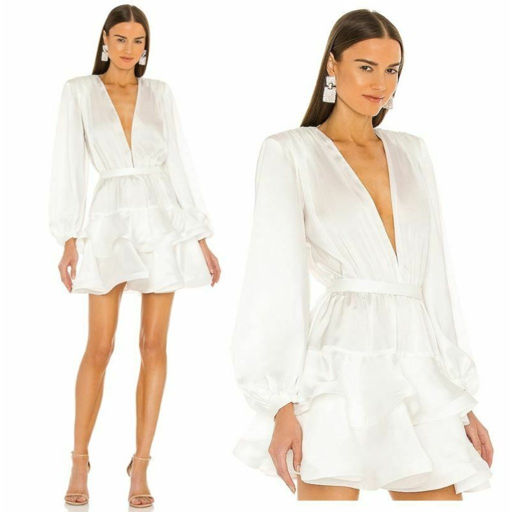 Bronx And Banco White Satin V-Neck Ruffle Mini Dress
